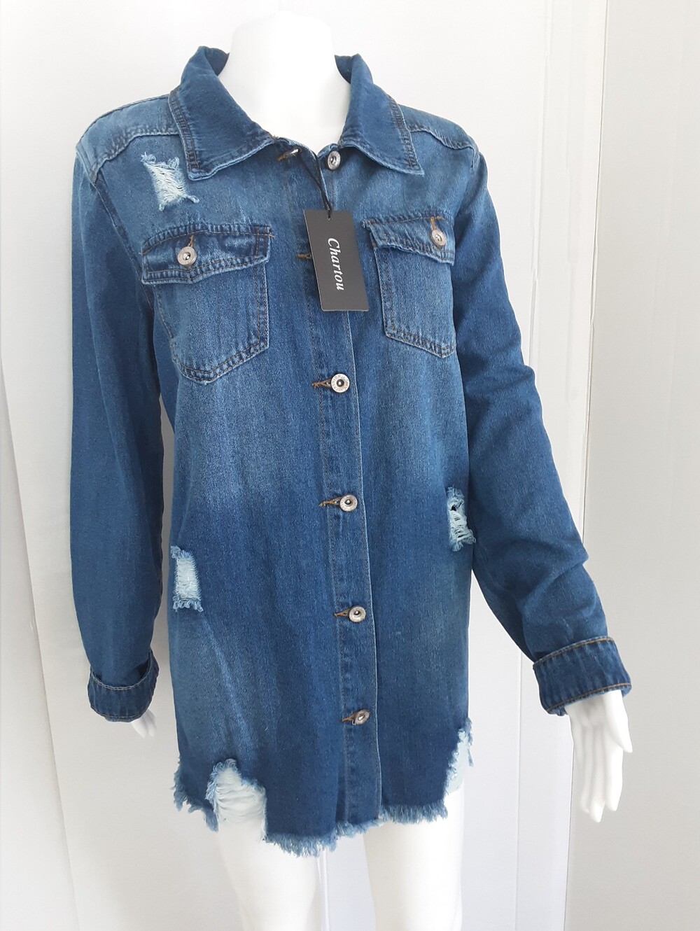 Chartou Collection Distressed Dark Blue Denim Shirt Jacket Sz XL NWT
